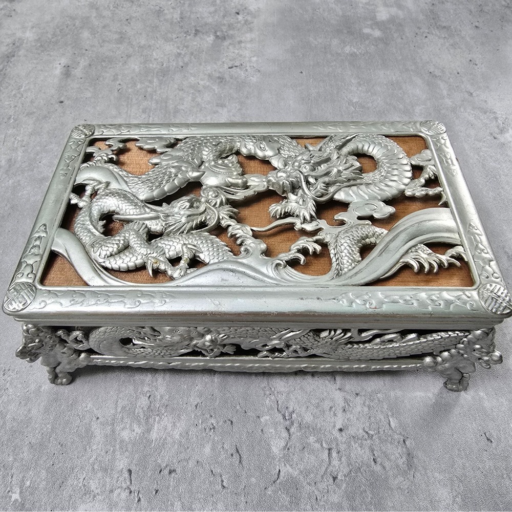 Vintage HKK Japanese Metal Dragon Trinket Box Footed Jewelry Case Made in Japan